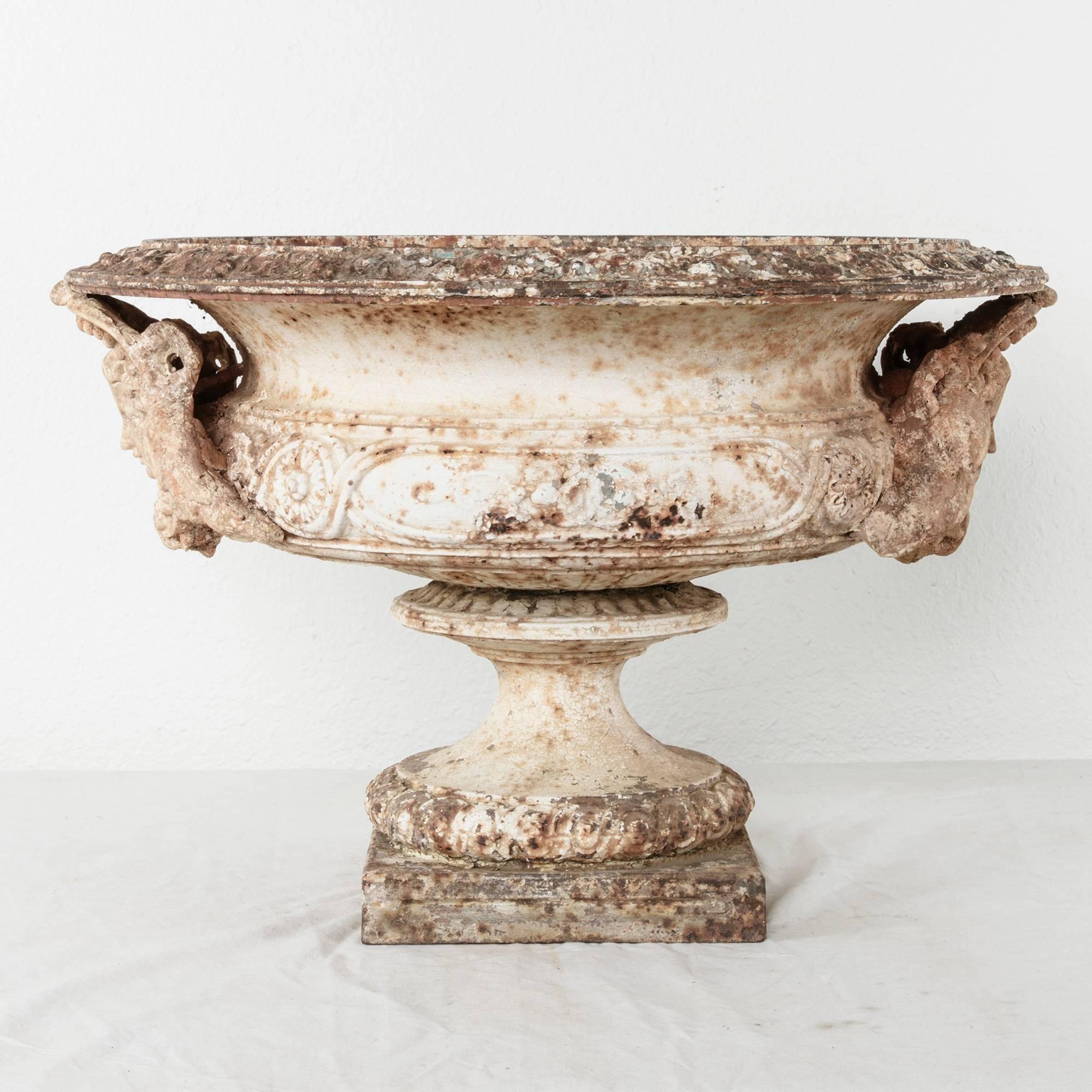 Grand Scale 18th Century French Cast Iron and Stone Urn with Neoclassical Faces 3