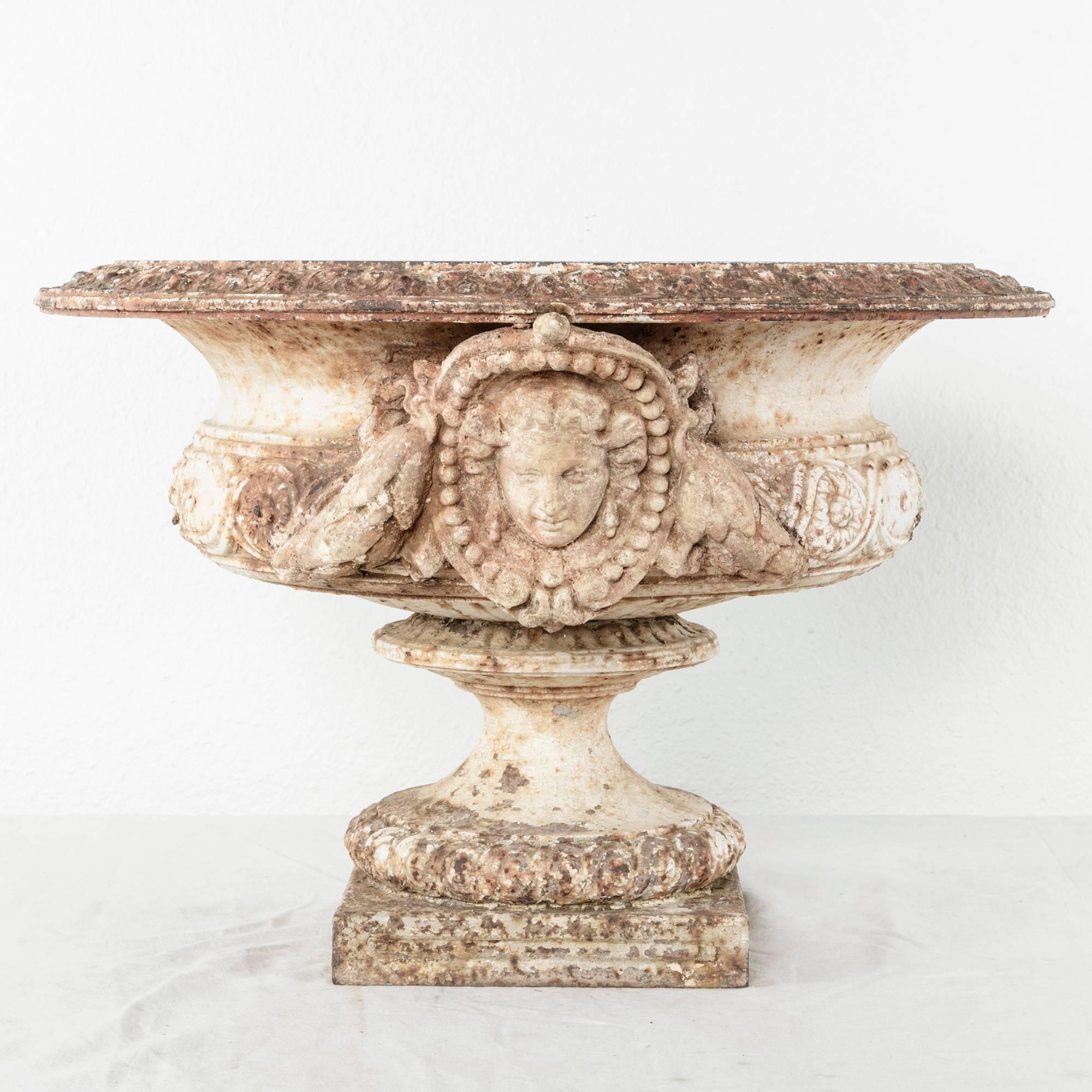 Grand Scale 18th Century French Cast Iron and Stone Urn with Neoclassical Faces 1