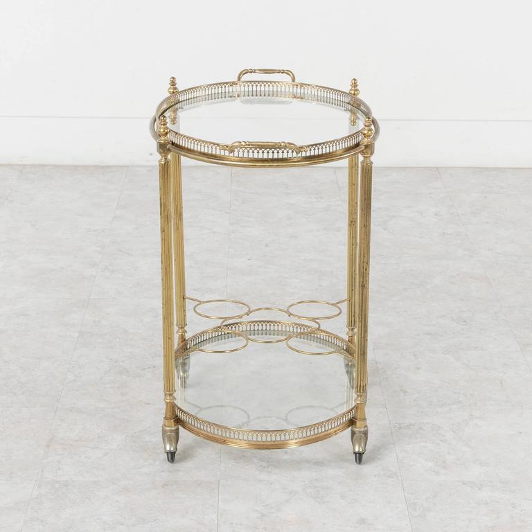 MidCentury French Polished Brass Oval Bar Cart with Tray and Bottle