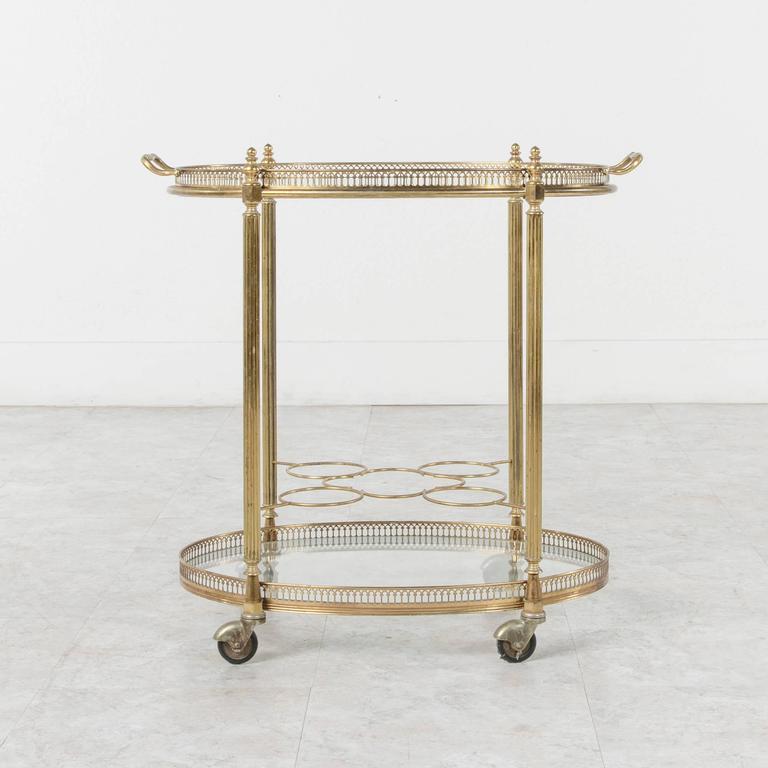 MidCentury French Polished Brass Oval Bar Cart with Tray and Bottle