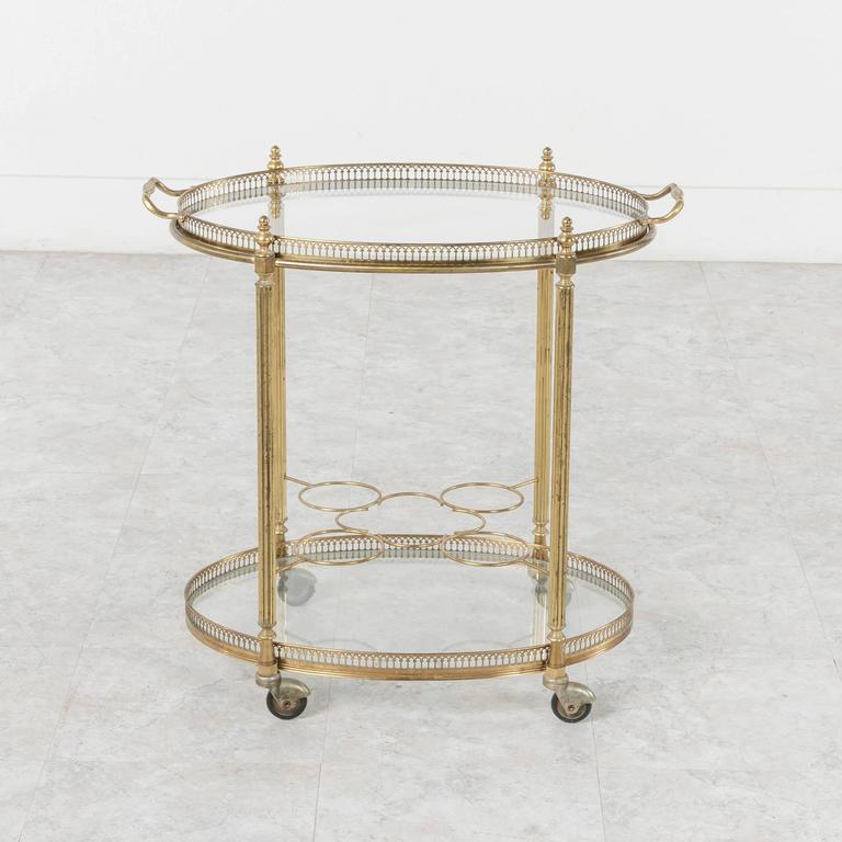 MidCentury French Polished Brass Oval Bar Cart with Tray and Bottle