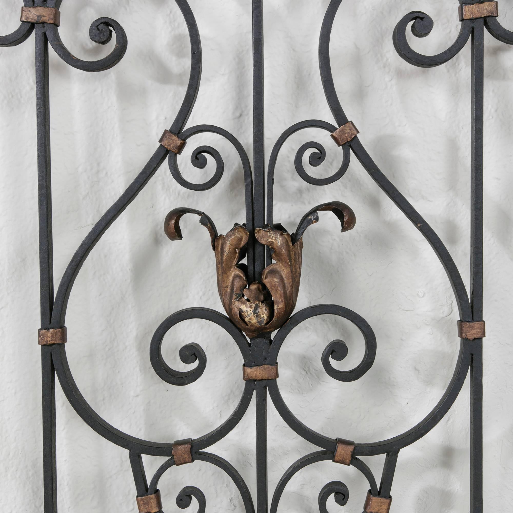Pair of Hand-Forged Iron Gates or Partitions Double Sided with Gilt Detail In Excellent Condition In Fayetteville, AR