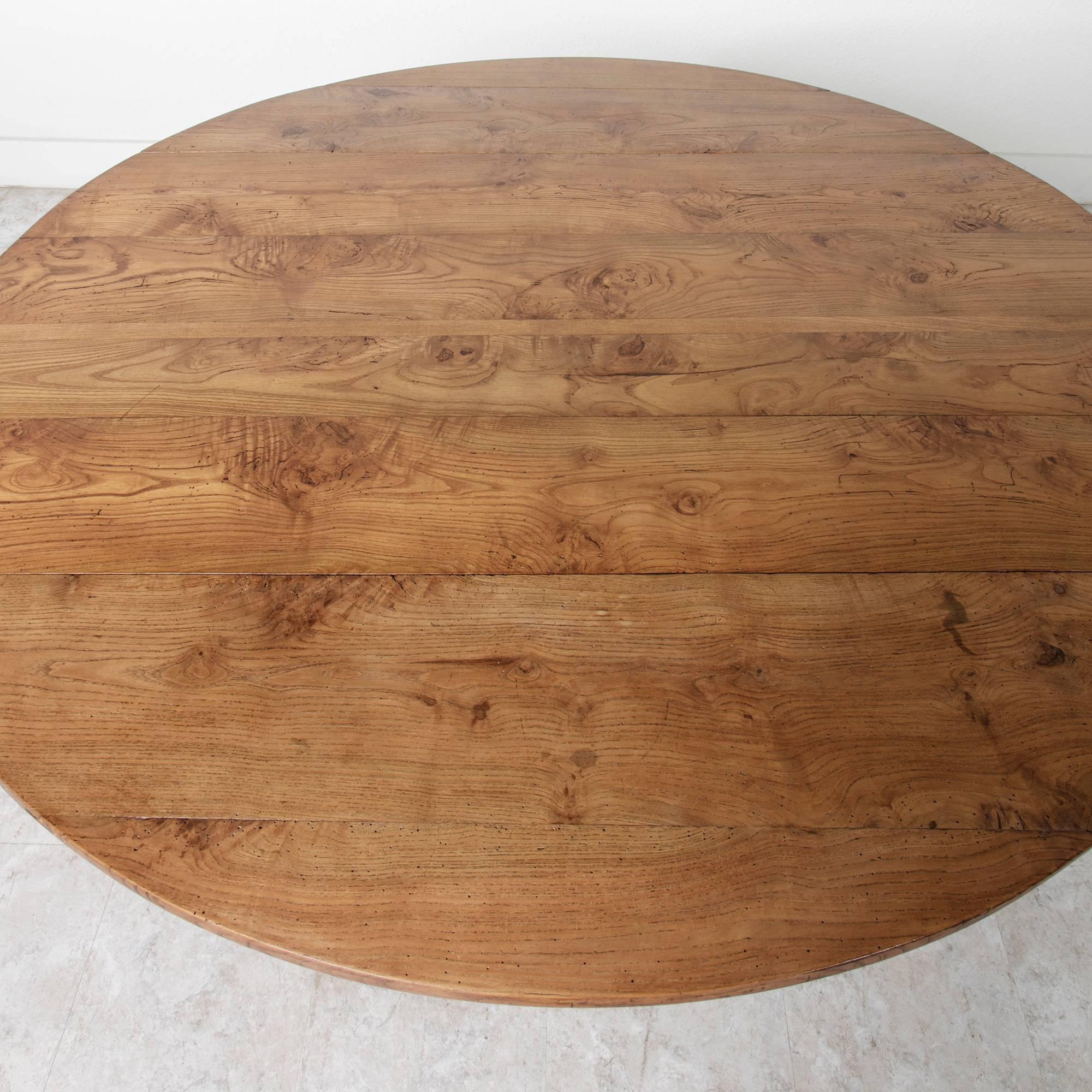 19th Century French Solid Elm Round Dining Table with Drop Leaves 4