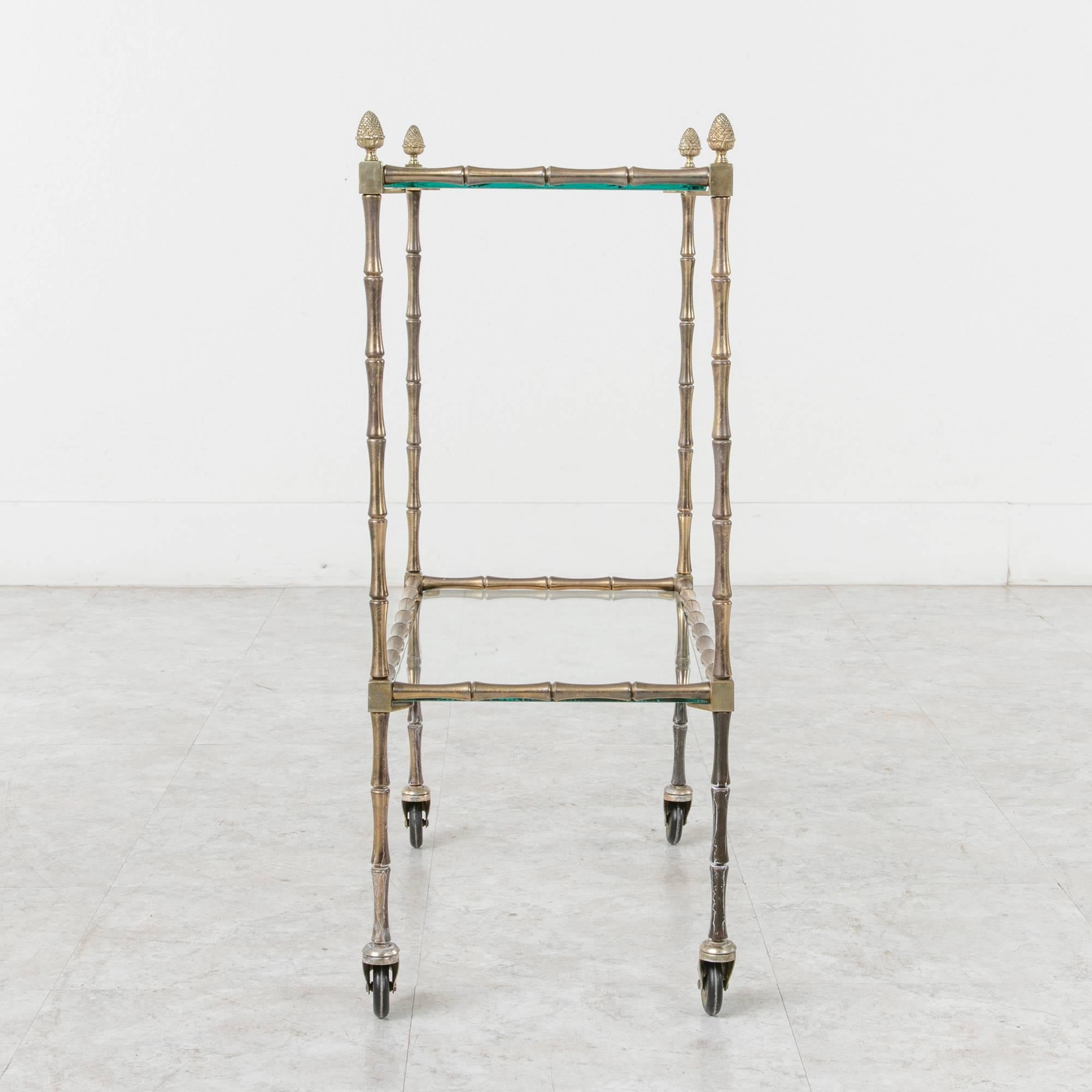 Mid-20th Century Mid-Century French Maison Baguès Bar Cart of Bronze Faux Bamboo and Glass