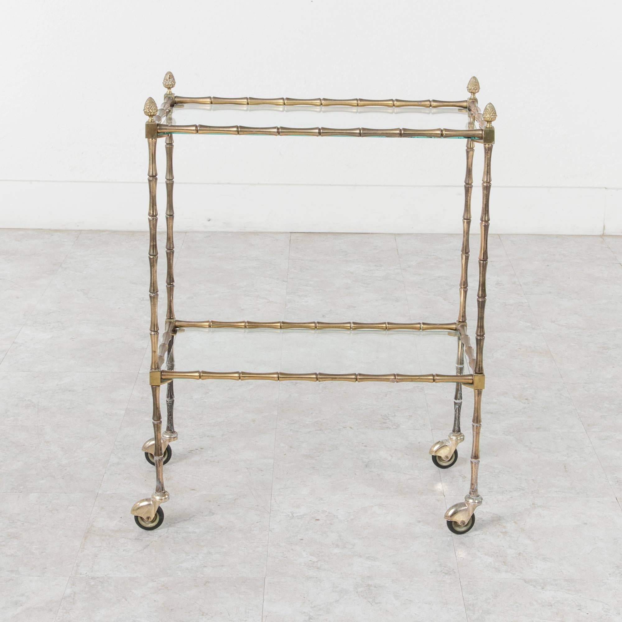 Mid-Century French Maison Baguès Bar Cart of Bronze Faux Bamboo and Glass 1