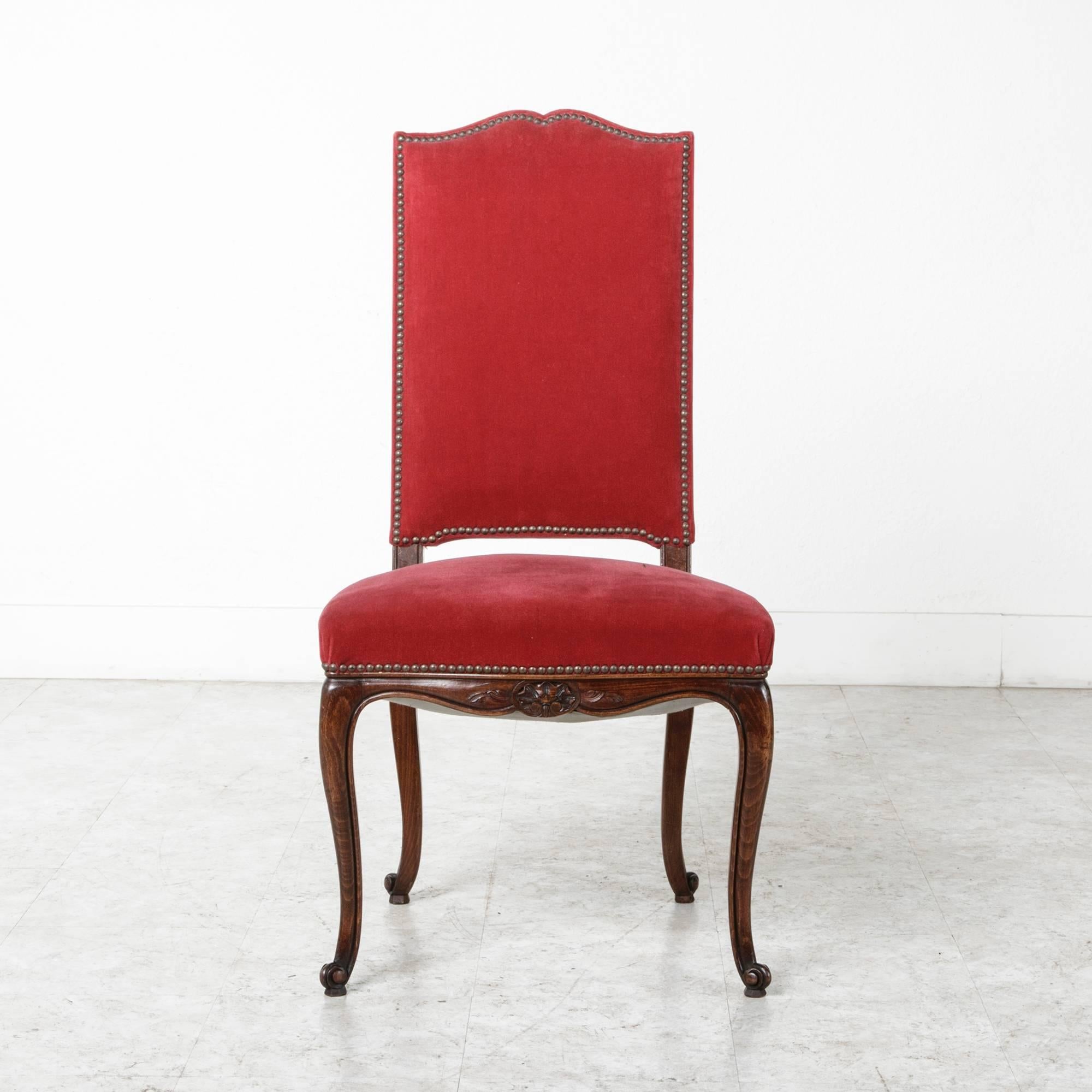 20th Century Set of Six French Louis XV Style Chairs of Solid Beechwood with Red Mohair