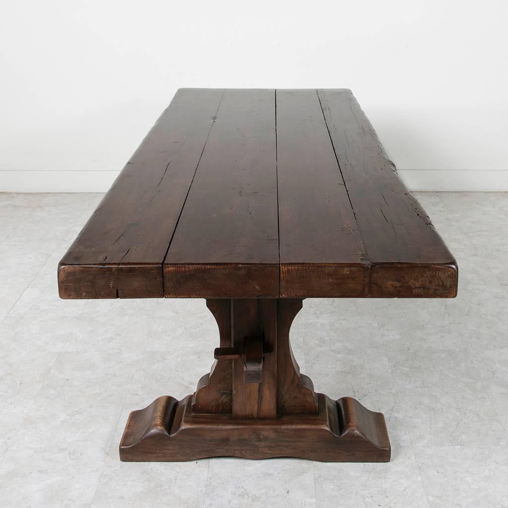 19th Century Hand Pegged French Oak Trestle Farm Table in Monastery Style 18th Century Wood