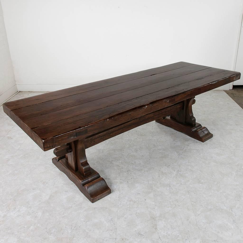 Hand Pegged French Oak Trestle Farm Table in Monastery Style 18th Century Wood 2