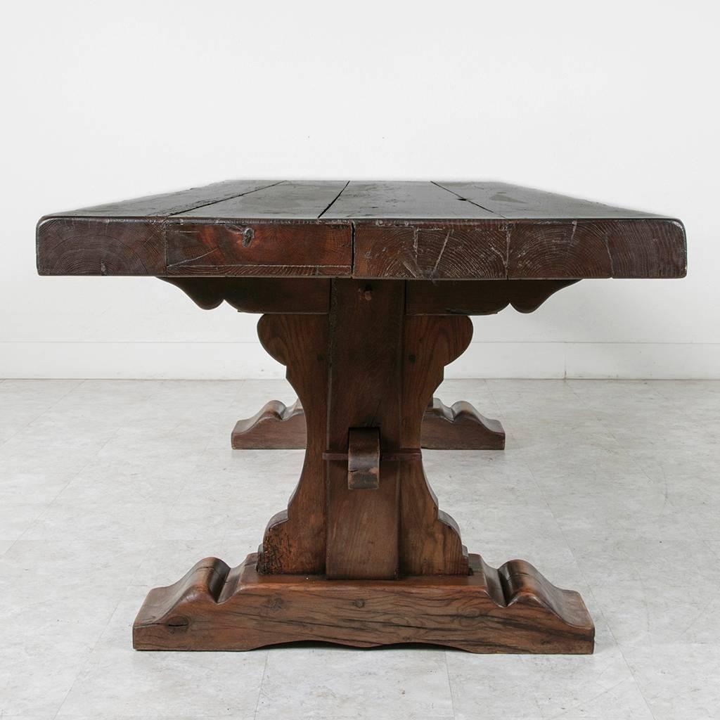 Hand Pegged French Oak Trestle Farm Table in Monastery Style 18th Century Wood 4