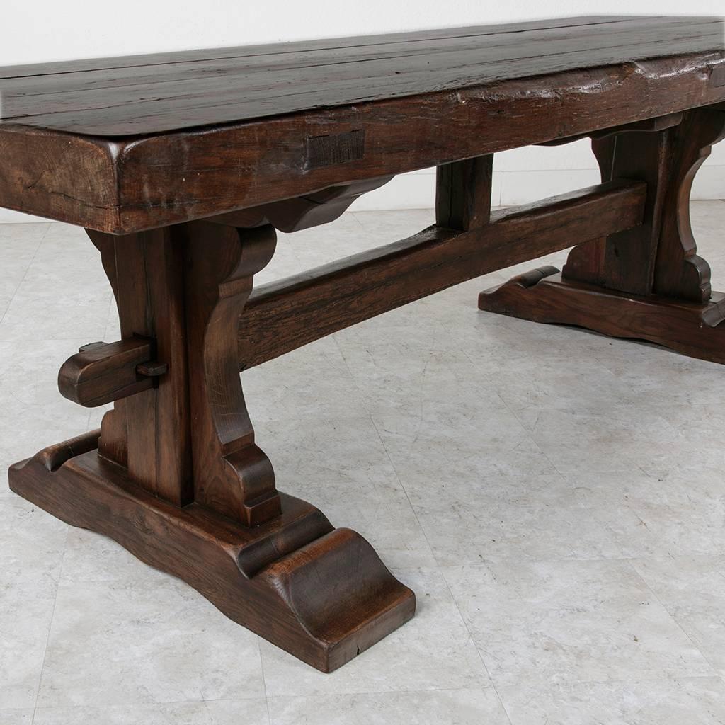 Hand Pegged French Oak Trestle Farm Table in Monastery Style 18th Century Wood 5