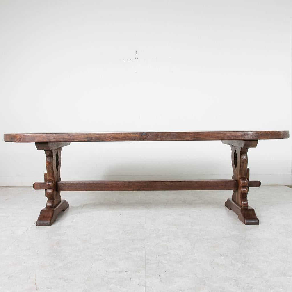 20th Century Grand Antique French Handmade Solid Oak Oval Monastery Farm Dining Table