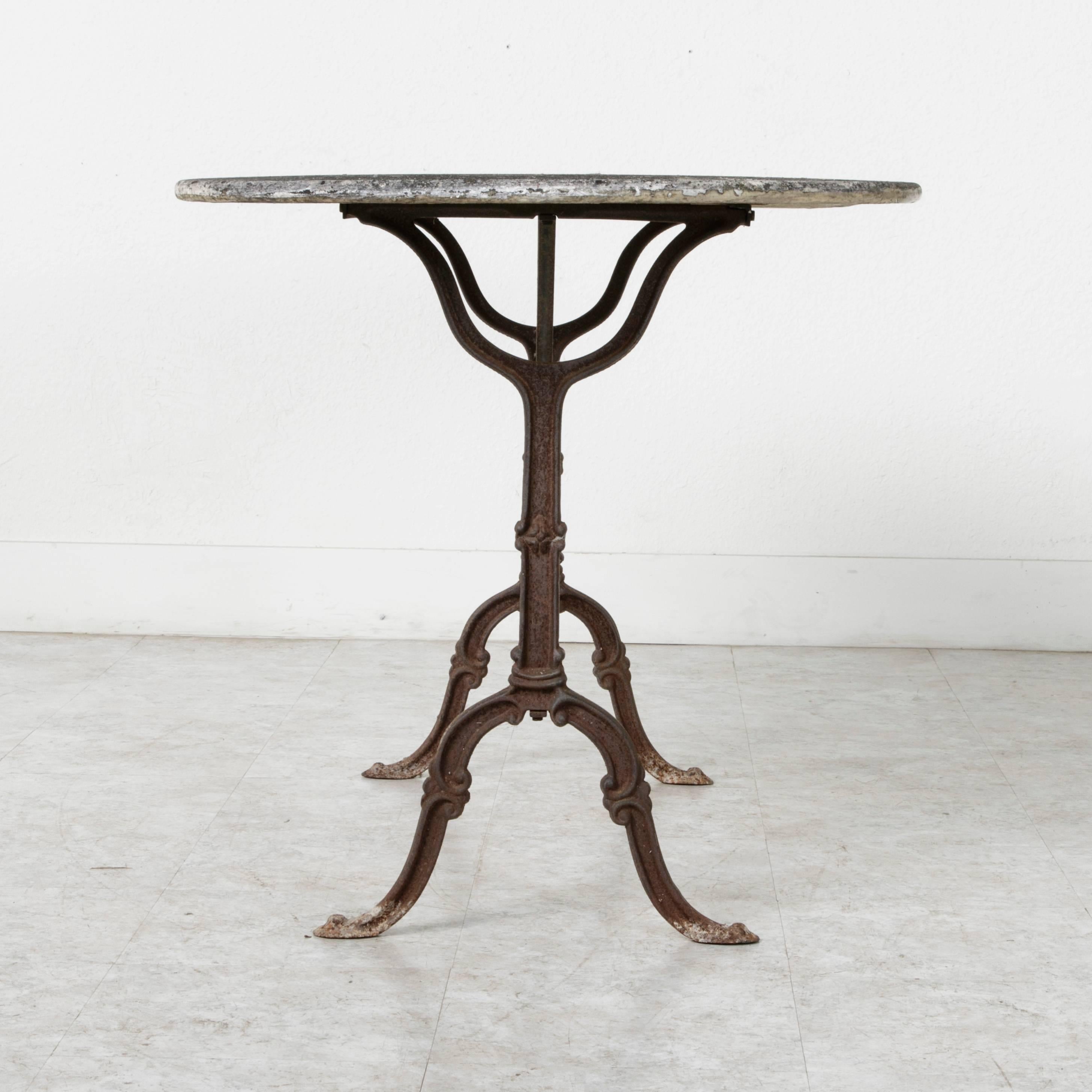 20th Century Antique French Weather Aged Marble-Top Cast Iron Garden Table or Bistro Table