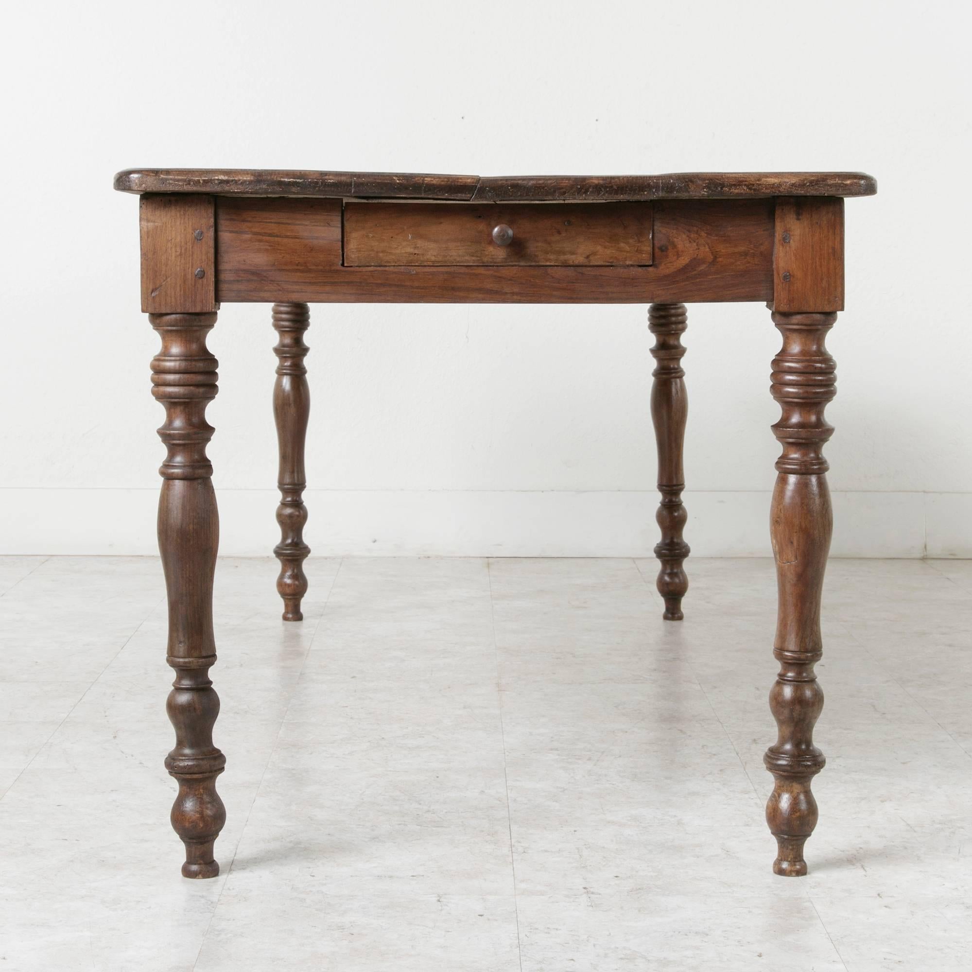 20th Century Antique French Hand Pegged Oak Dining Farm Table with Turned Legs and Drawers