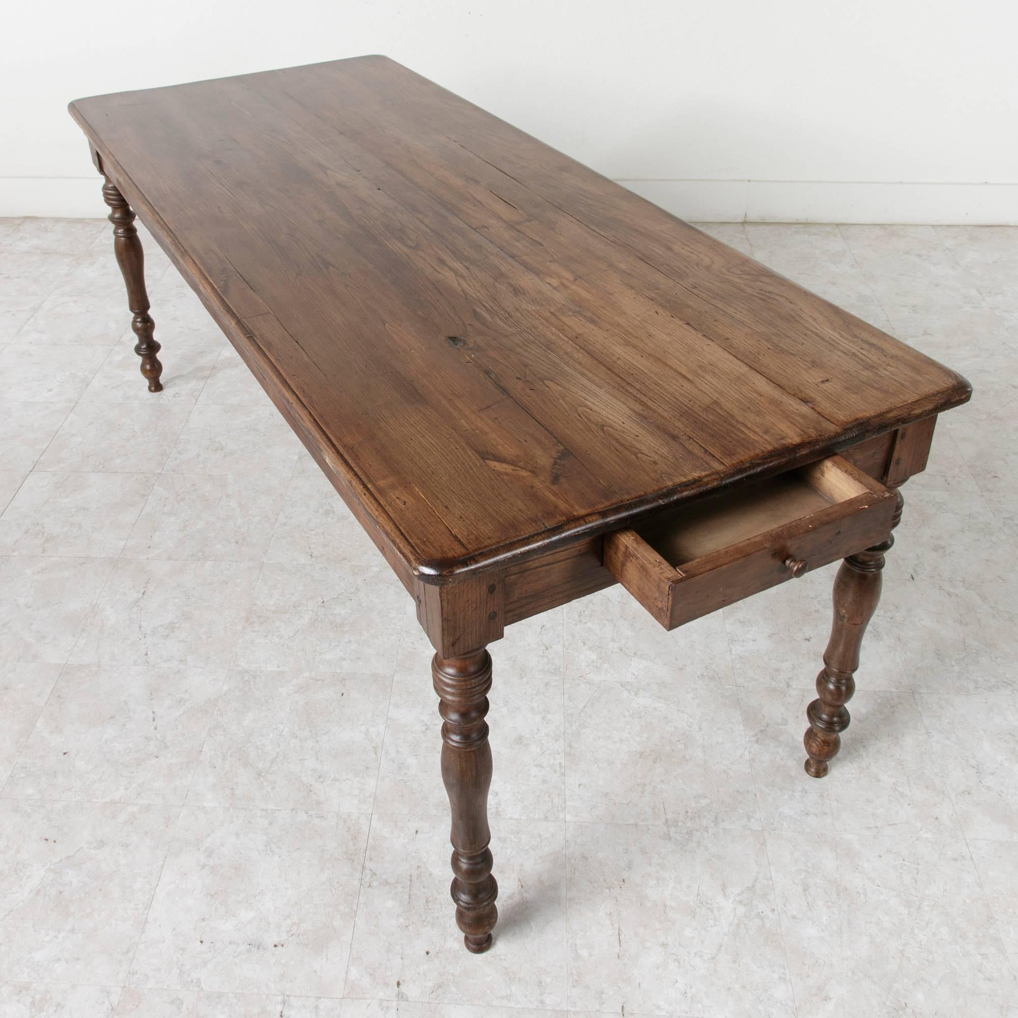 Antique French Hand Pegged Oak Dining Farm Table with Turned Legs and Drawers 3
