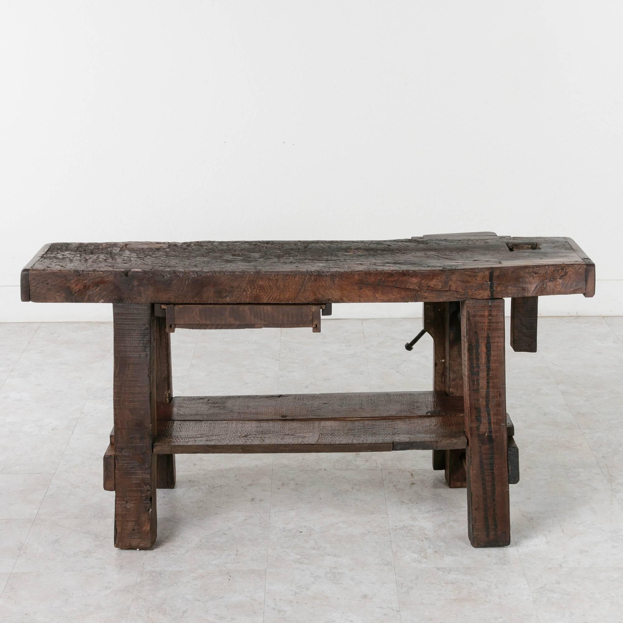 19th Century Solid Oak Normandy Workbench Console with Original Iron Vise In Excellent Condition In Fayetteville, AR