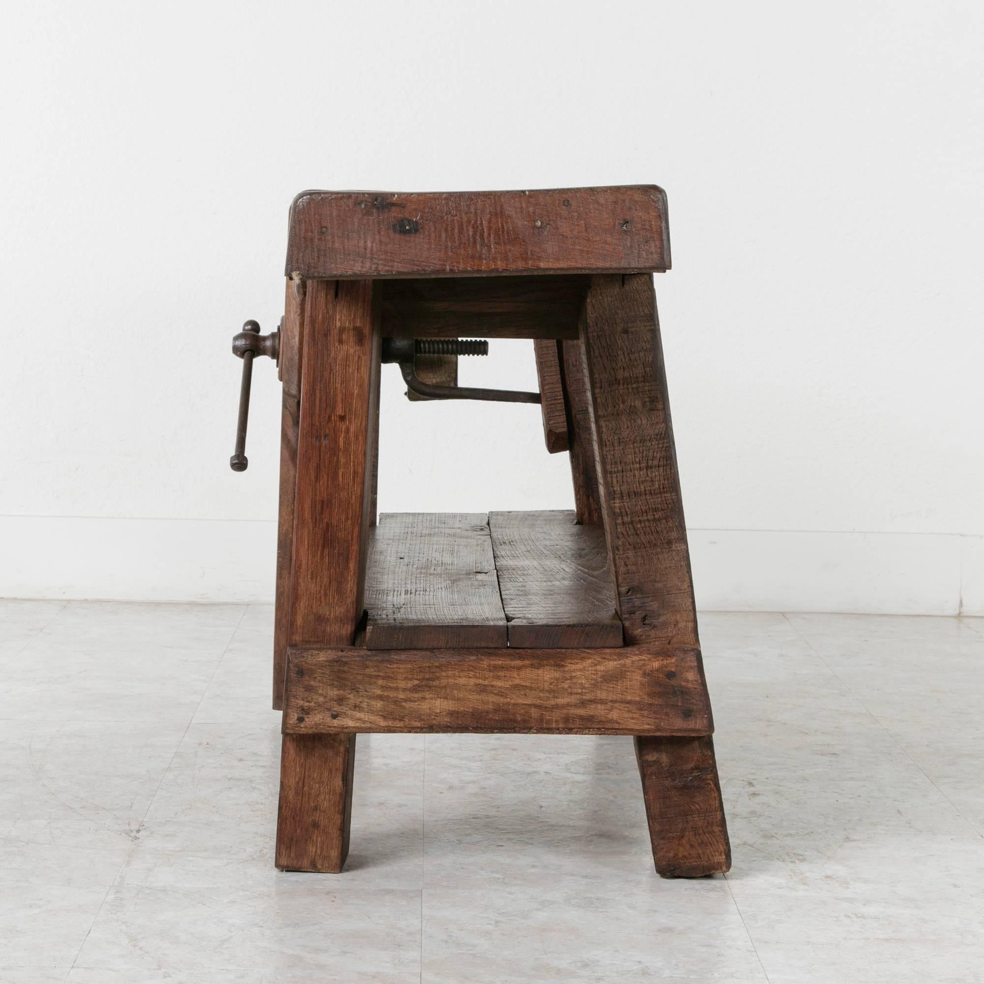 French 19th Century Solid Oak Normandy Workbench Console with Original Iron Vise