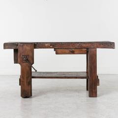 19th Century Solid Oak Normandy Workbench Console with Original Iron Vise
