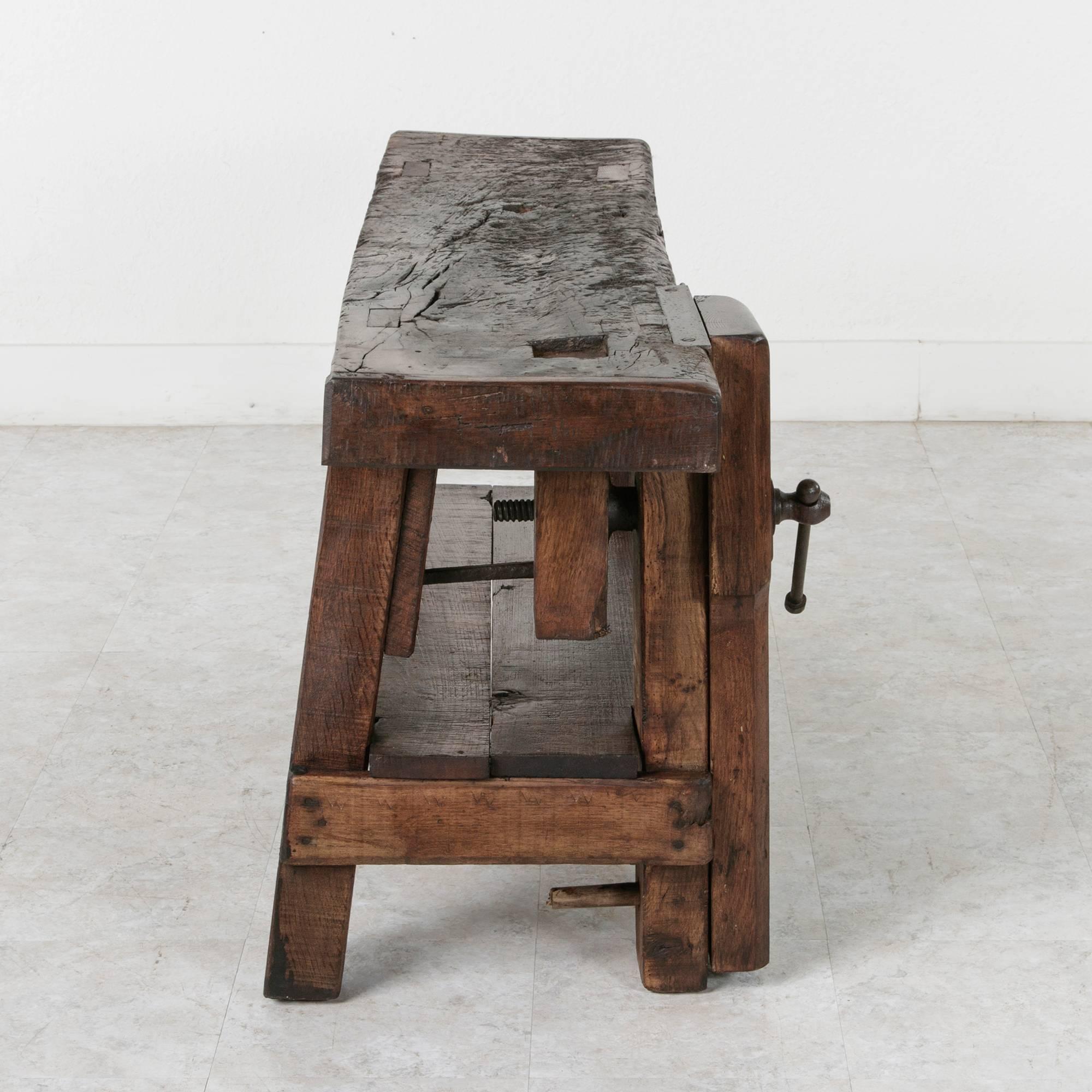 19th Century Solid Oak Normandy Workbench Console with Original Iron Vise 1