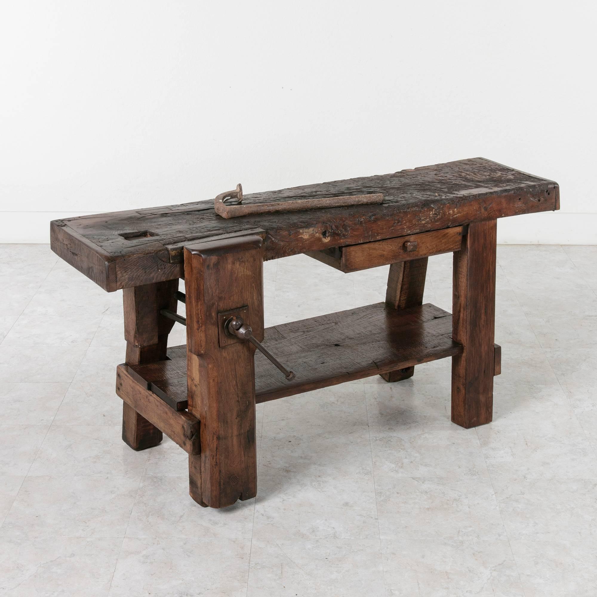 19th Century Solid Oak Normandy Workbench Console with Original Iron Vise  2