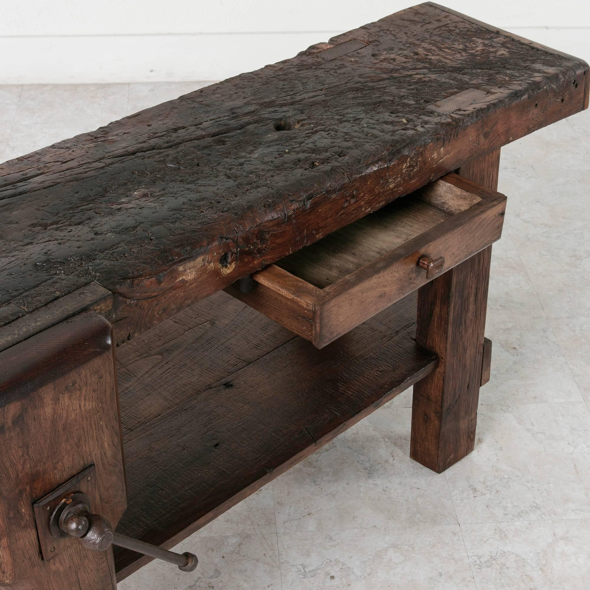 19th Century Solid Oak Normandy Workbench Console with Original Iron Vise  4