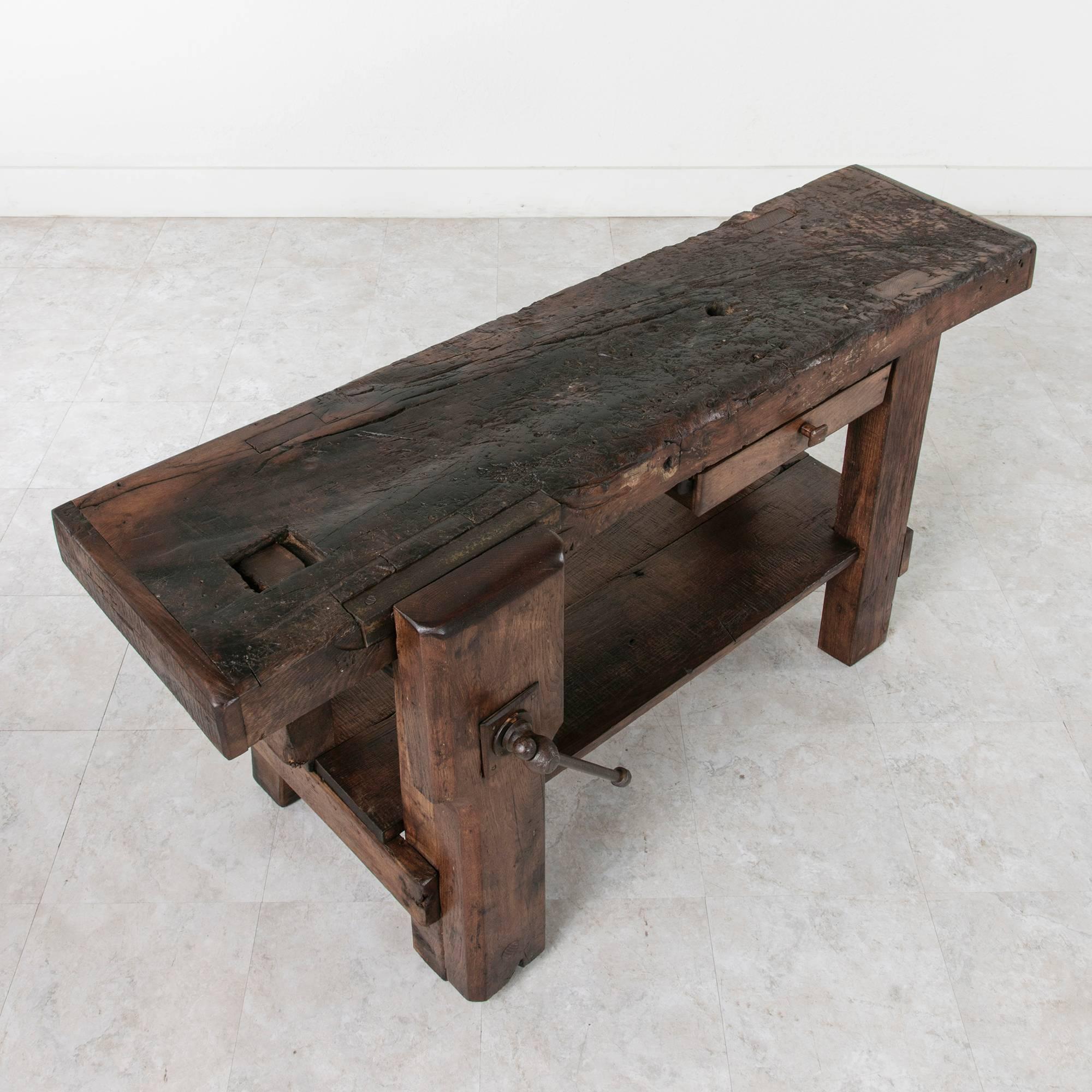19th Century Solid Oak Normandy Workbench Console with Original Iron Vise 5