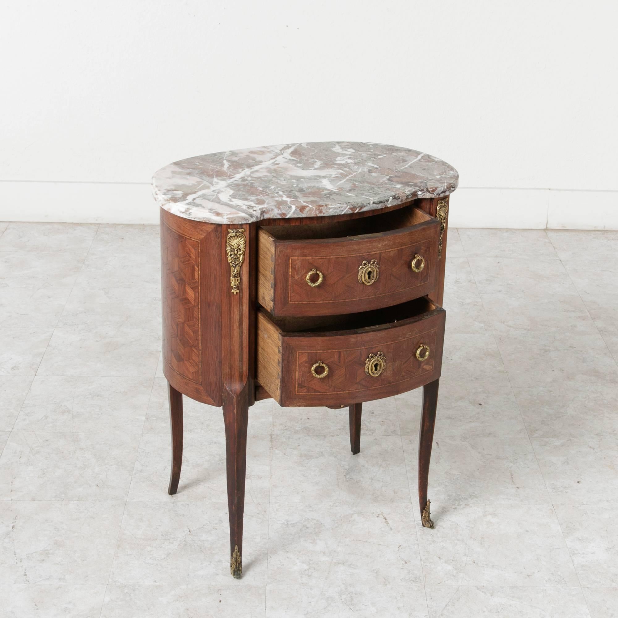 Bronze Fine Transitional Louis XV Louis XVI Marquetry Kidney Commode Chest Nightstand