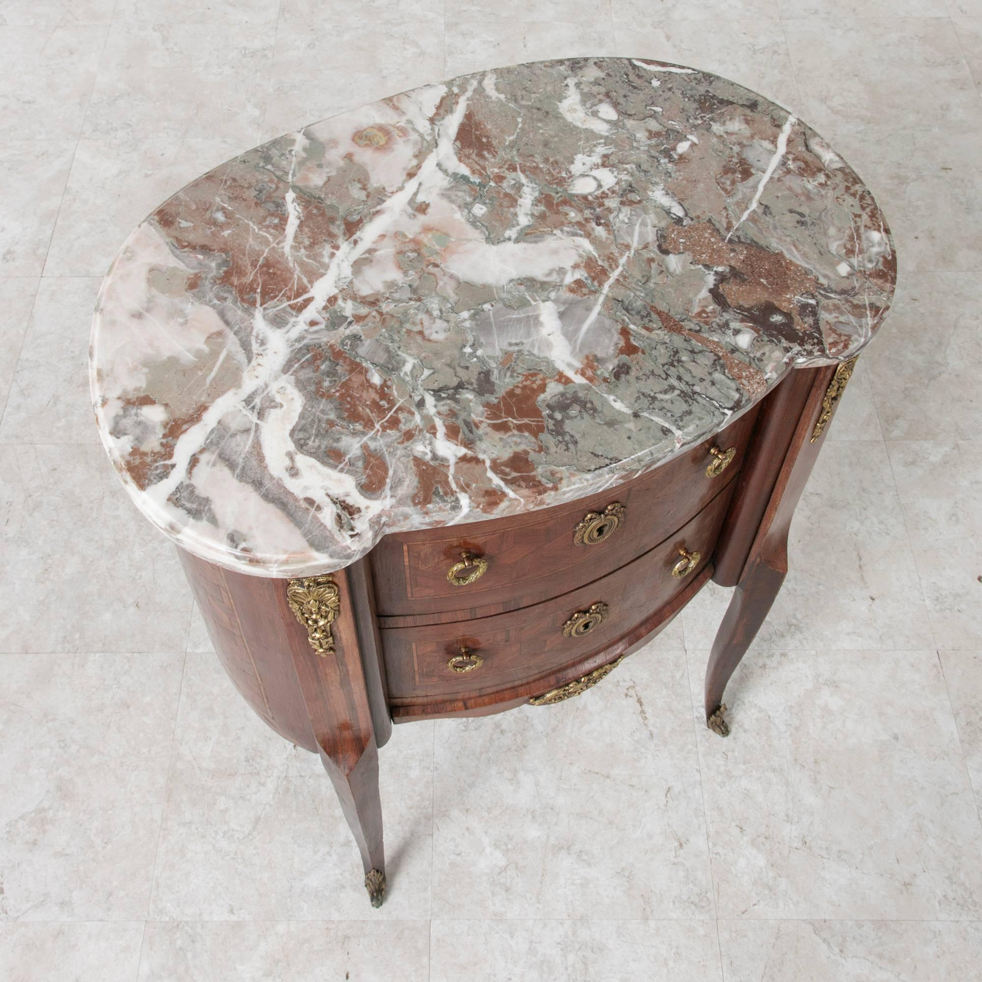 20th Century Fine Transitional Louis XV Louis XVI Marquetry Kidney Commode Chest Nightstand