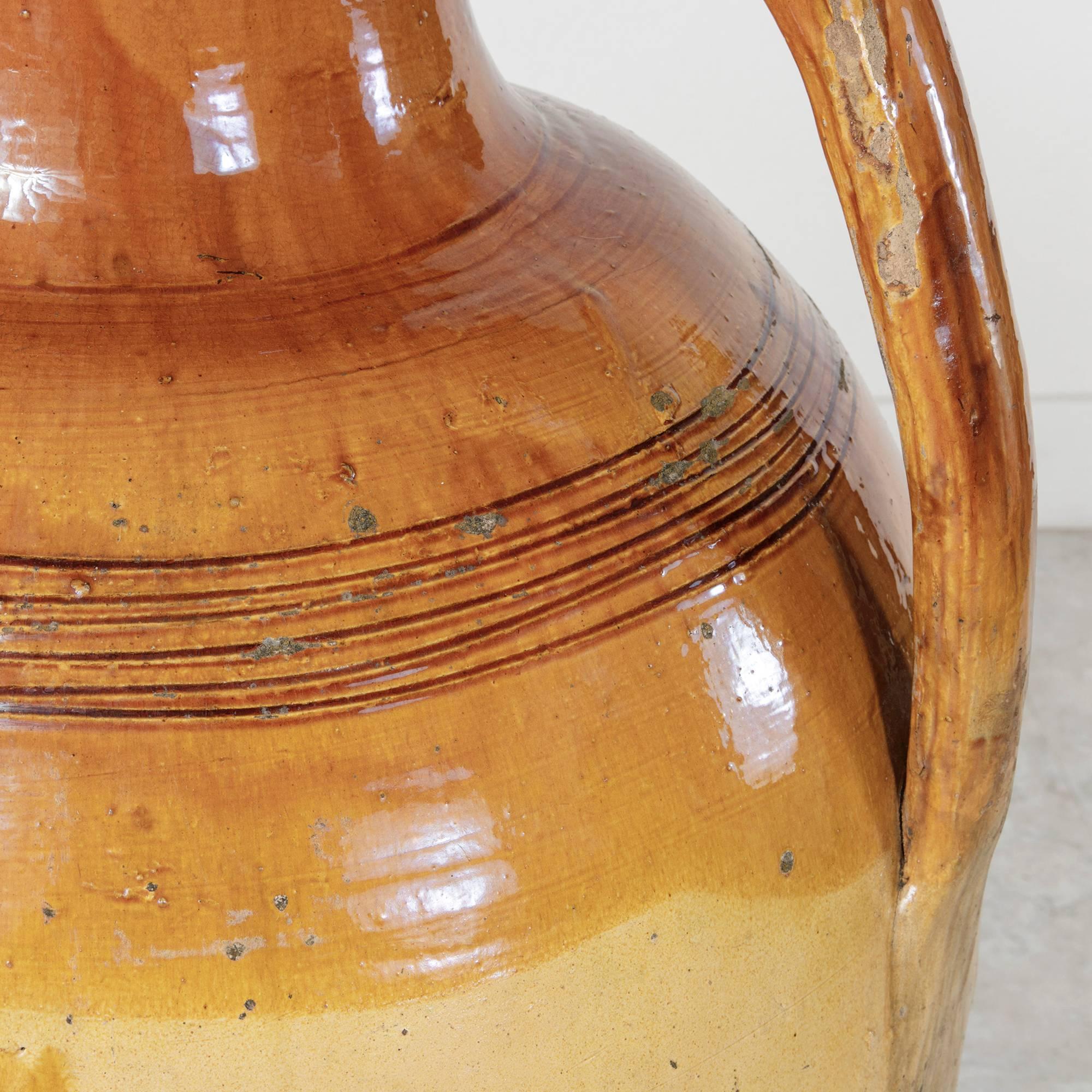 Faience Very Large Antique Italian Terracotta Amphora Olive Jar, Yellow Glaze