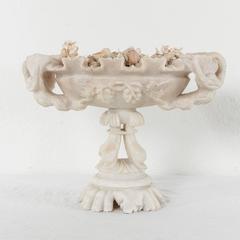 20th Century French Hand-Carved Alabaster Compote with Swans and Dolphins