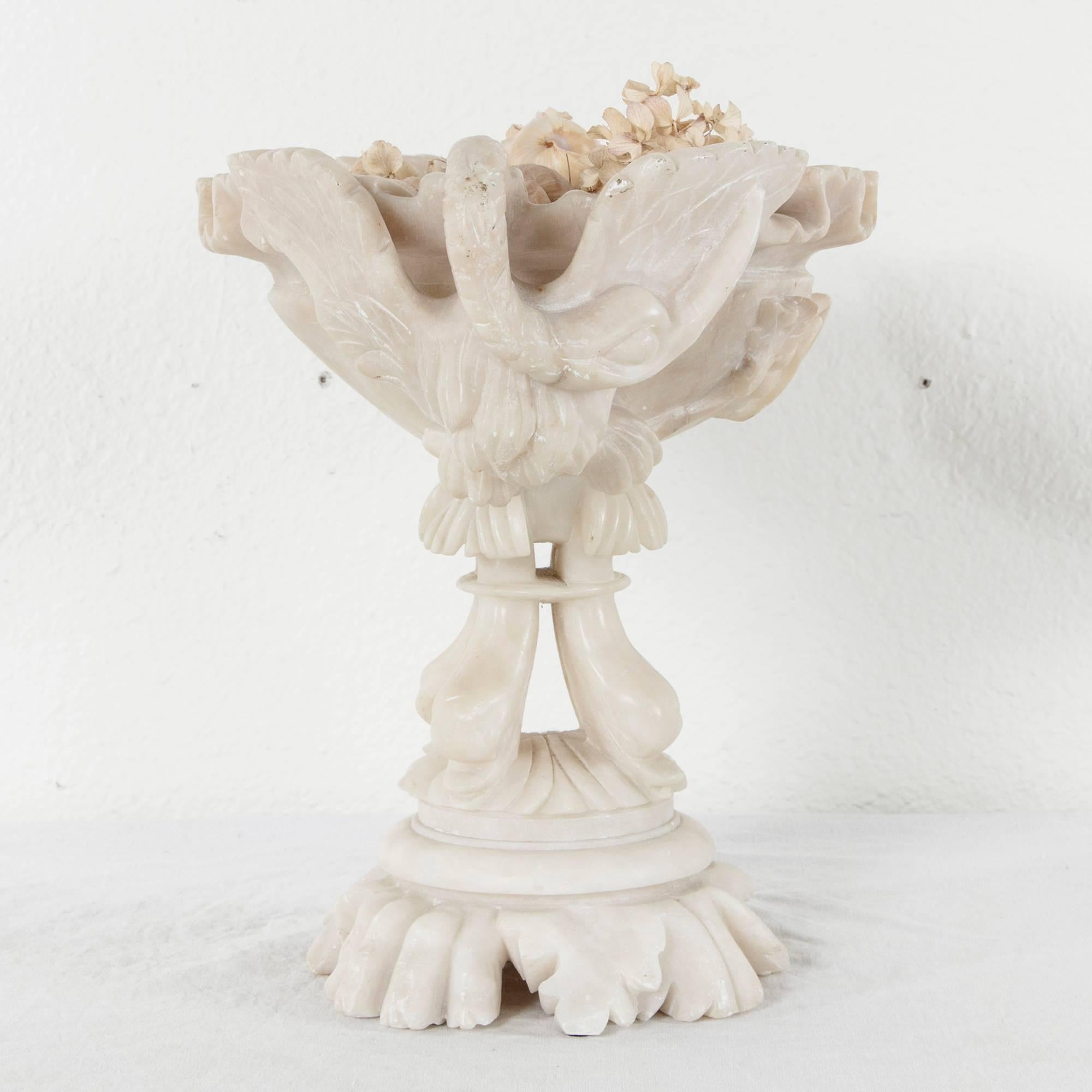 20th Century French Hand-Carved Alabaster Compote with Swans and Dolphins 2