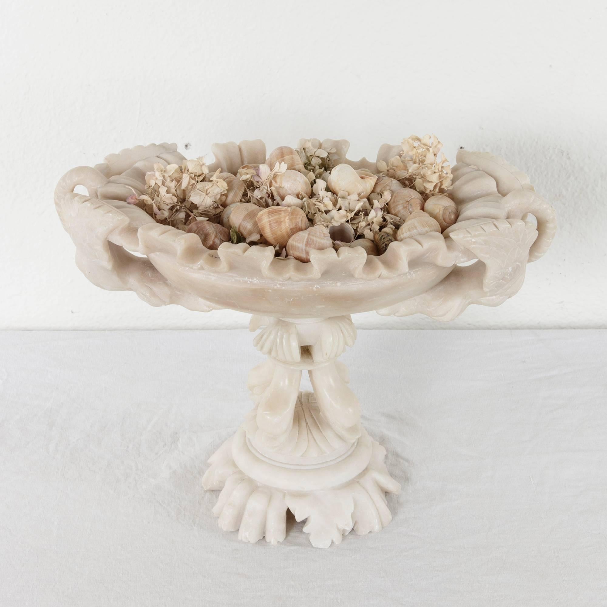 20th Century French Hand-Carved Alabaster Compote with Swans and Dolphins 4