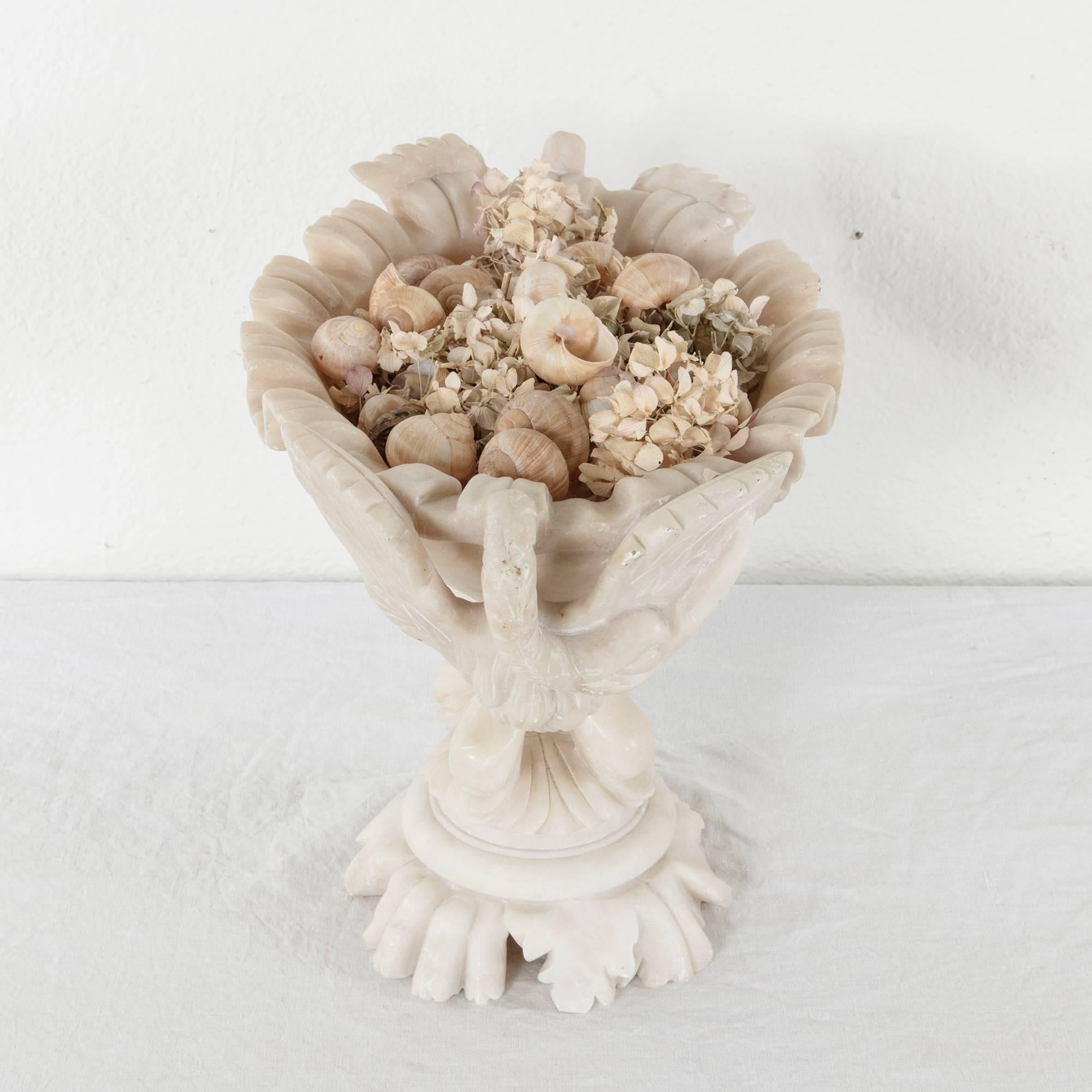 20th Century French Hand-Carved Alabaster Compote with Swans and Dolphins 5