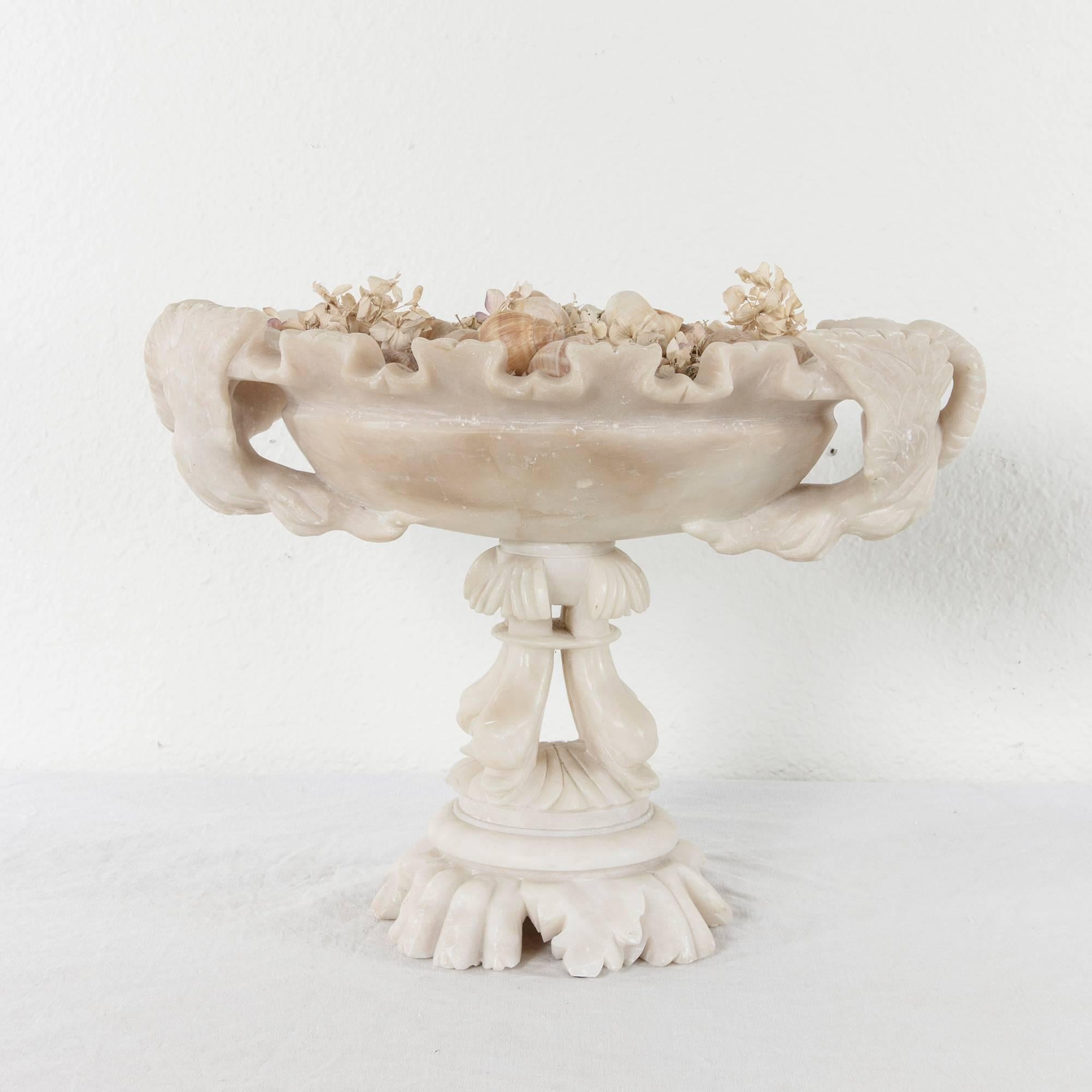20th Century French Hand-Carved Alabaster Compote with Swans and Dolphins 1
