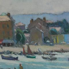 20th Century French Impressionist Oil Painting of Boats in Mediterranean Harbor