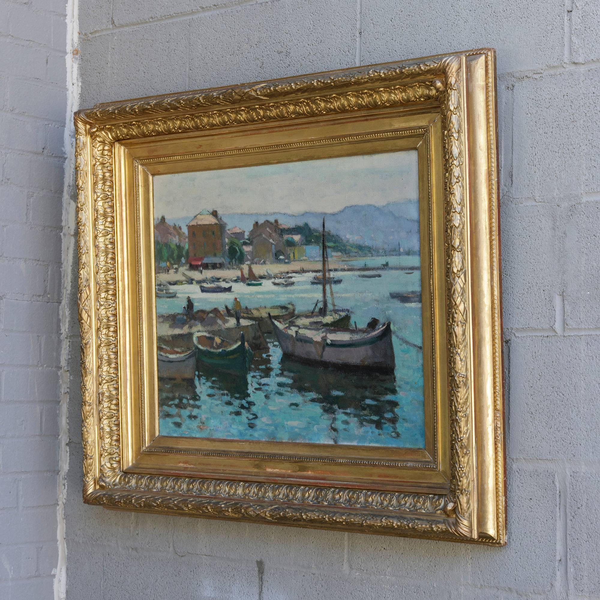 20th Century French Impressionist Oil Painting of Boats in Mediterranean Harbor 2