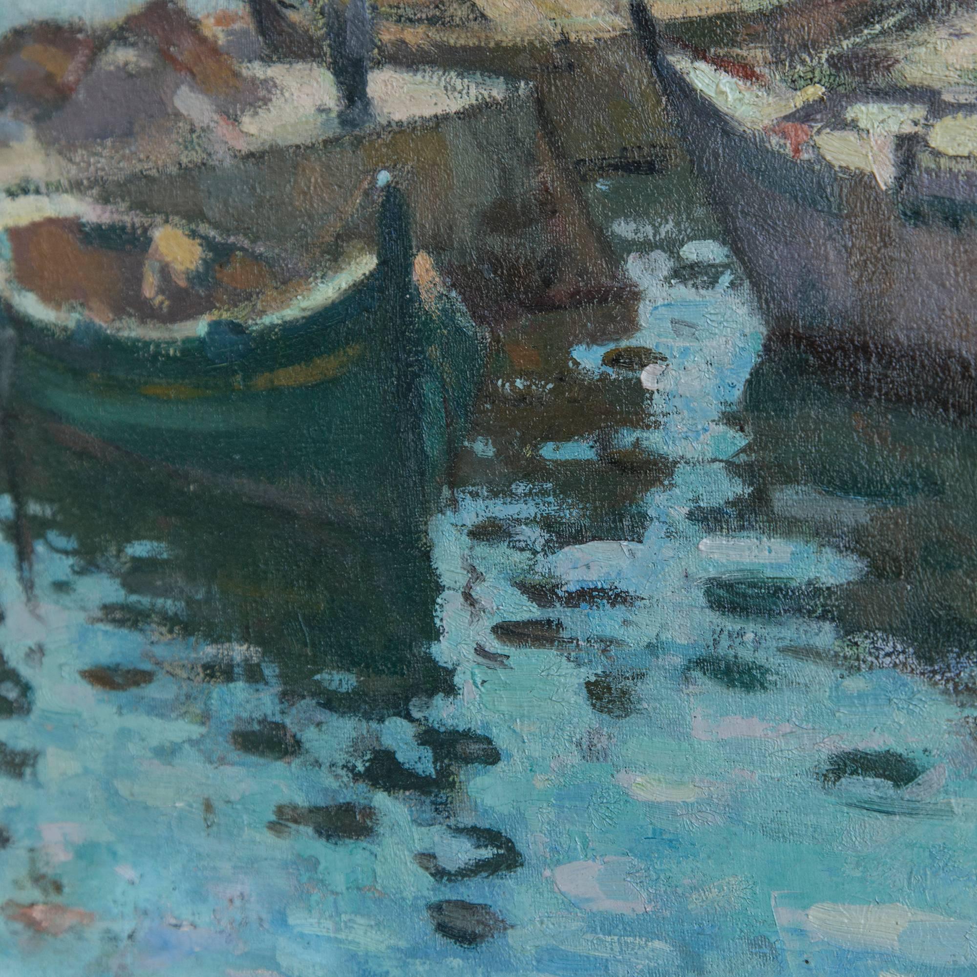 Hand-Painted 20th Century French Impressionist Oil Painting of Boats in Mediterranean Harbor