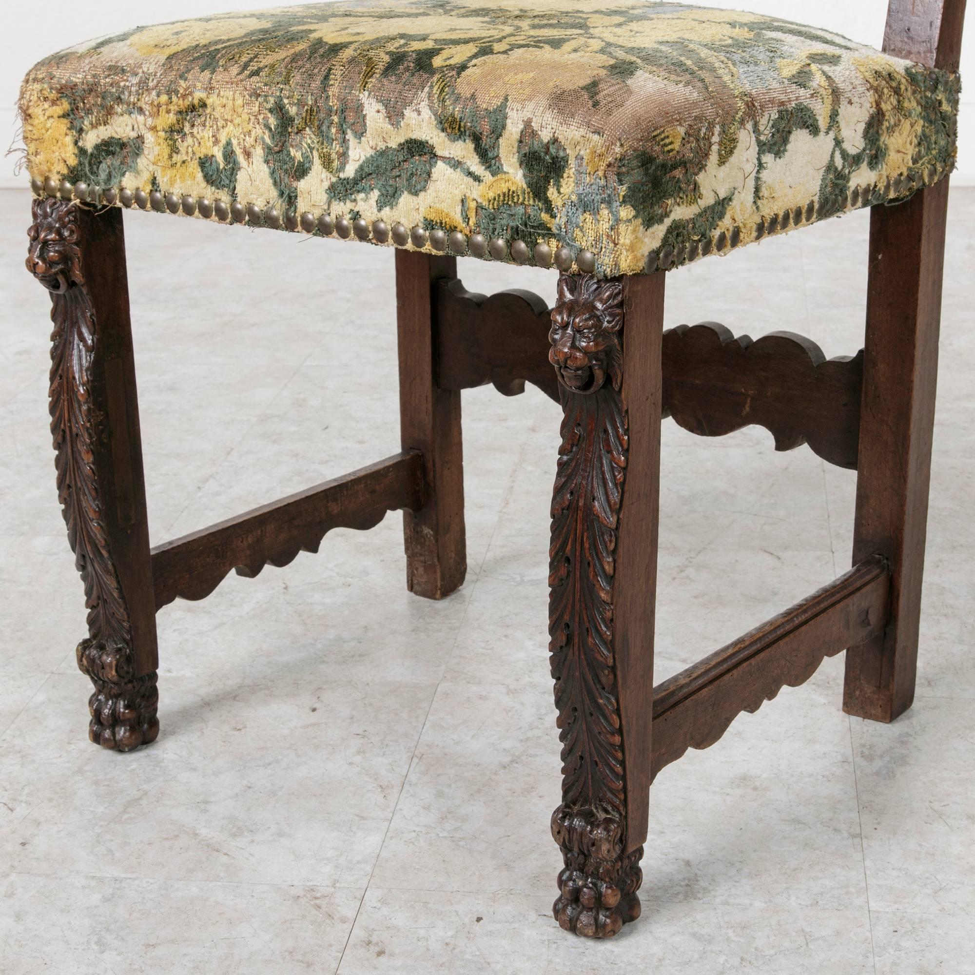 19th Century Sculptural Hand-Carved Walnut Louis XIII Style Side Chair In Good Condition In Fayetteville, AR