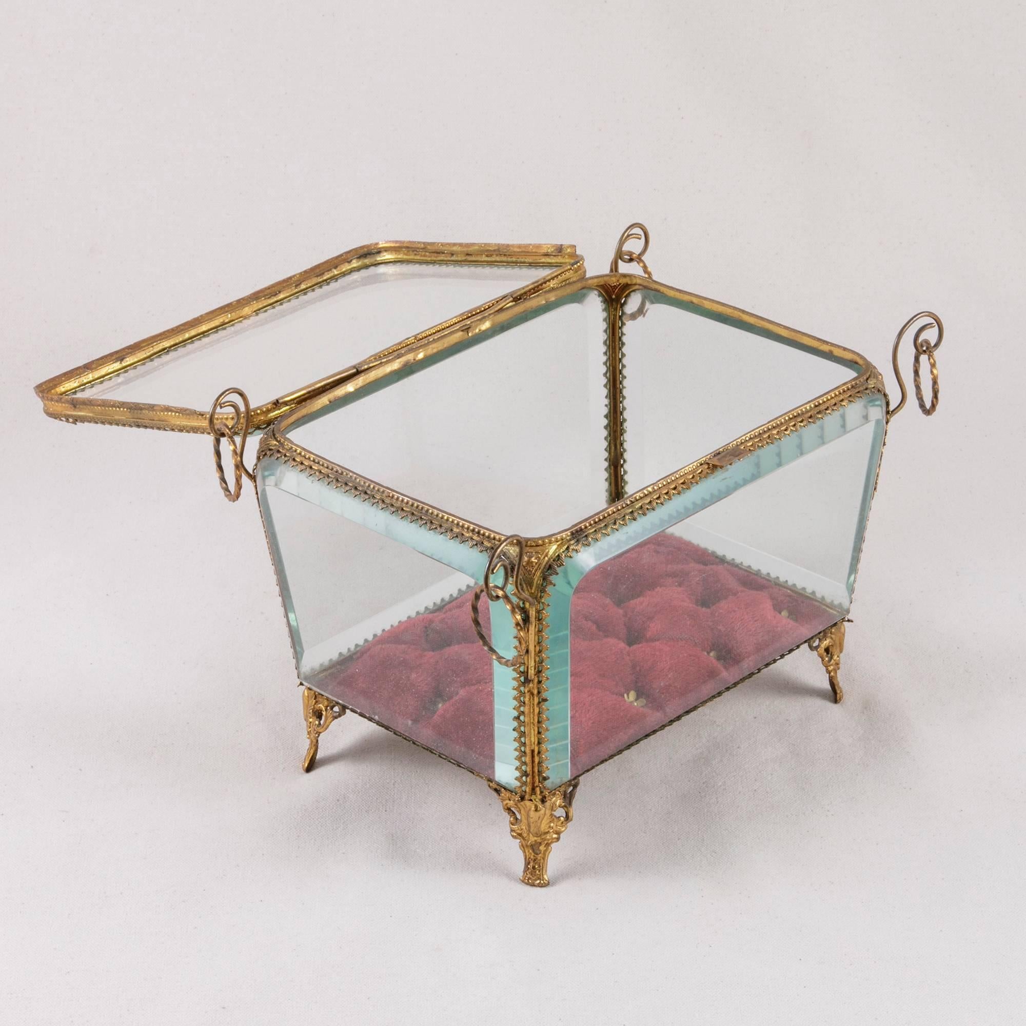 Beveled 19th Century French Napoleon III Period Cut Crystal and Brass Jewelry Box