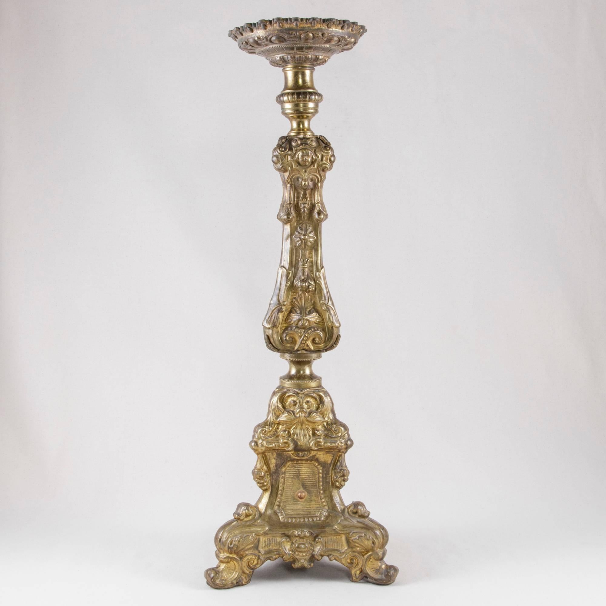 Repoussé French 19th Century Louis XV Bronze Repousse Pricket, Candlestick, Pic-Cierge