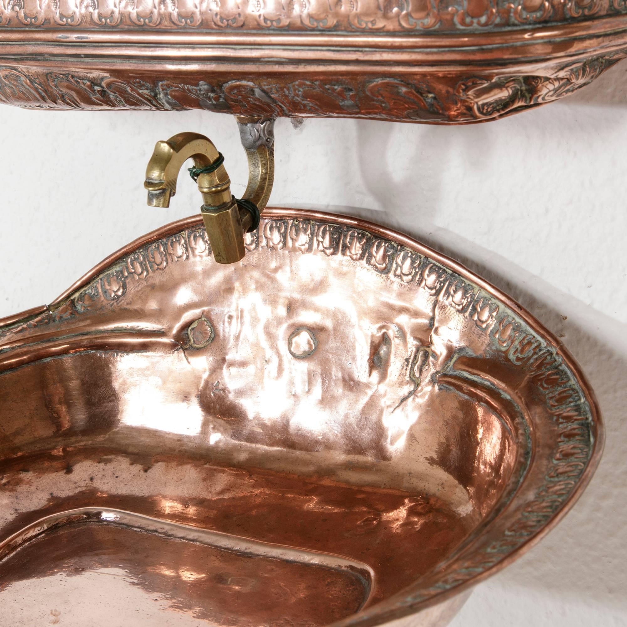 Repoussé 18th Century French Copper Repousse Wall Fountain Lavabo with Bronze Spigot