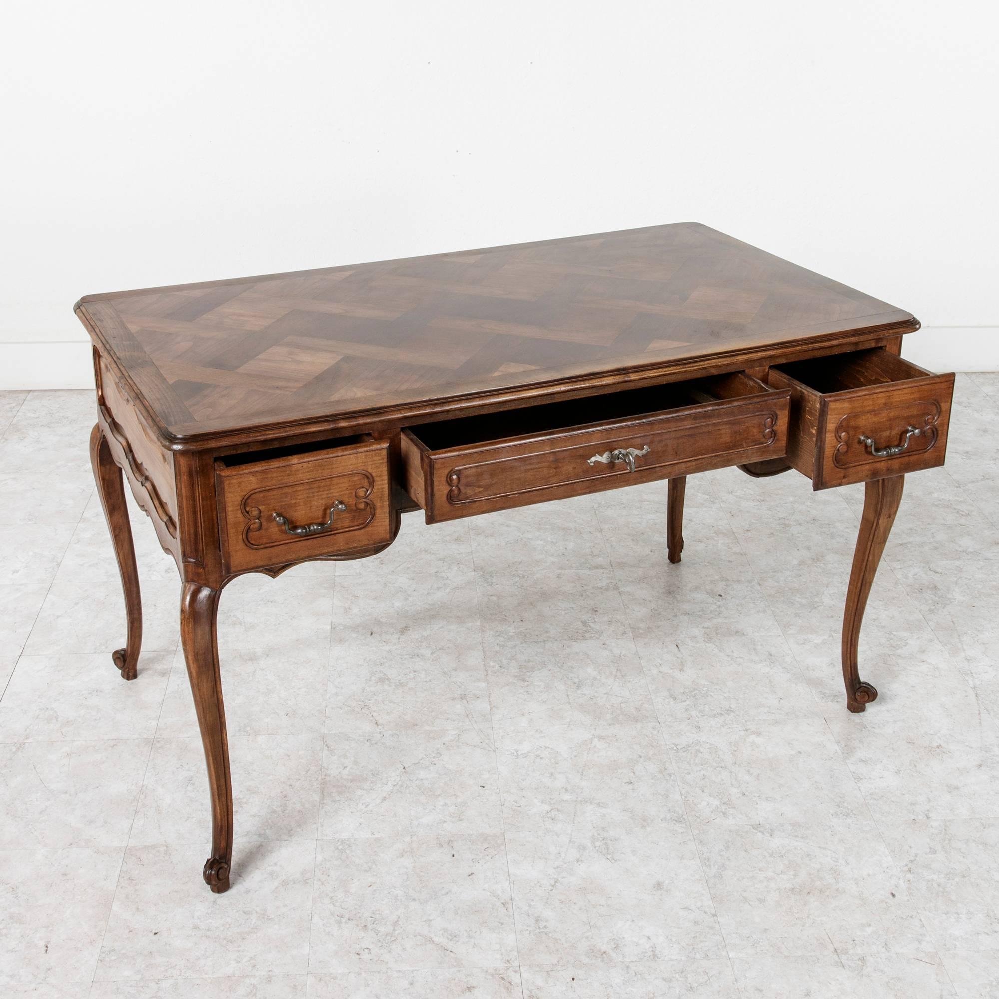 Mid-20th Century Louis XV Style Walnut Desk with Parquet Top and Three Drawers 4