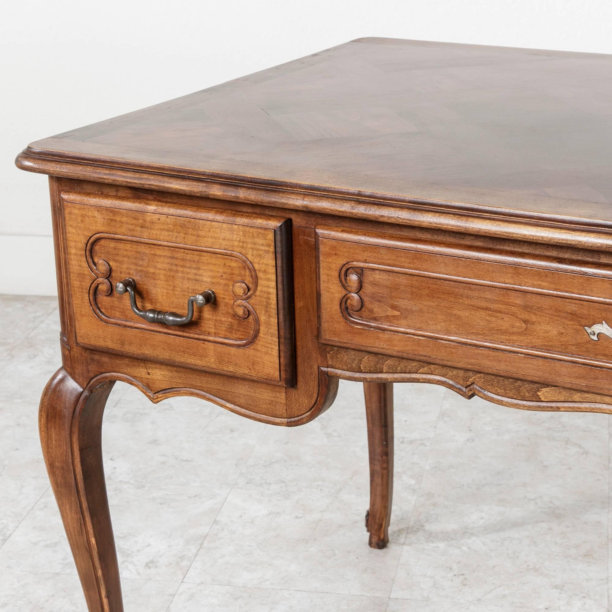 Mid-20th Century Louis XV Style Walnut Desk with Parquet Top and Three Drawers 5