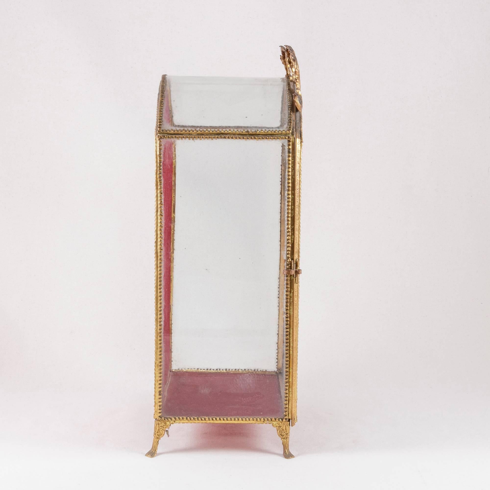 French 19th Century Brass Tabletop Vitrine Velvet Lined Display Box with Original Glass