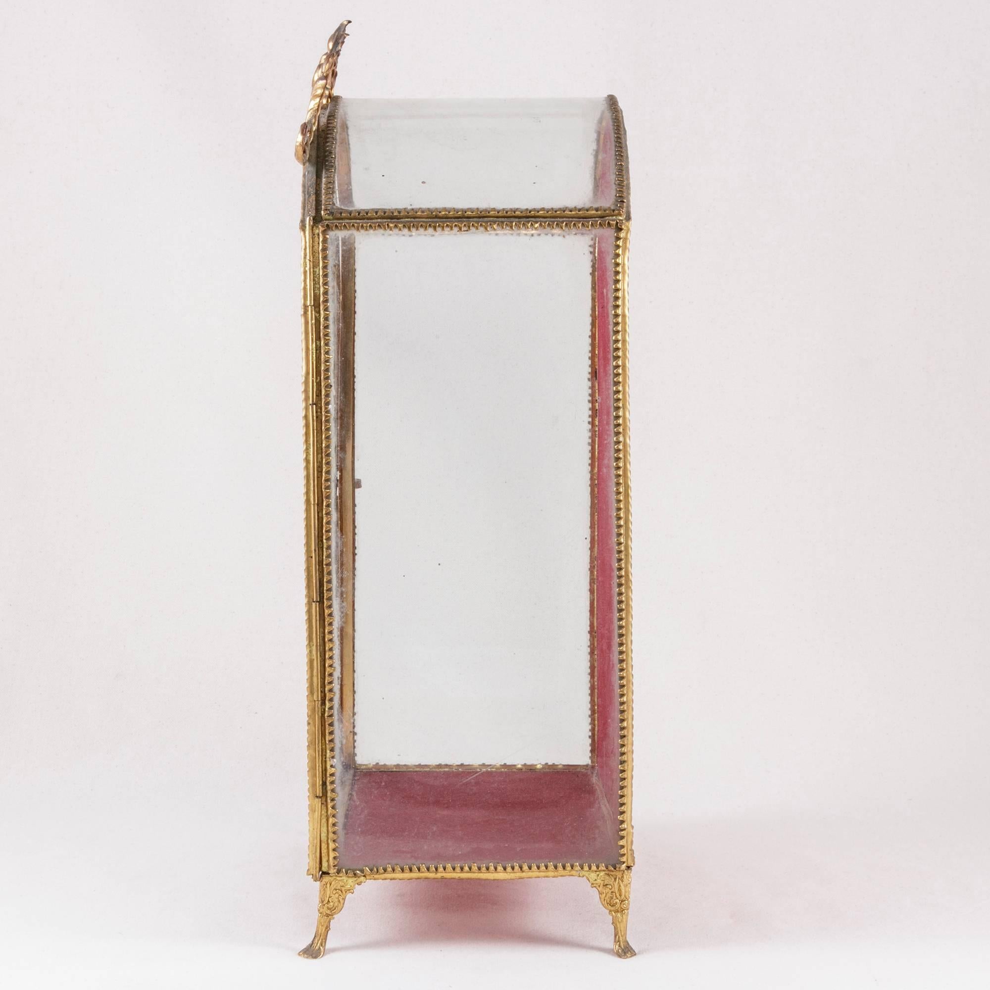 19th Century Brass Tabletop Vitrine Velvet Lined Display Box with Original Glass In Excellent Condition In Fayetteville, AR
