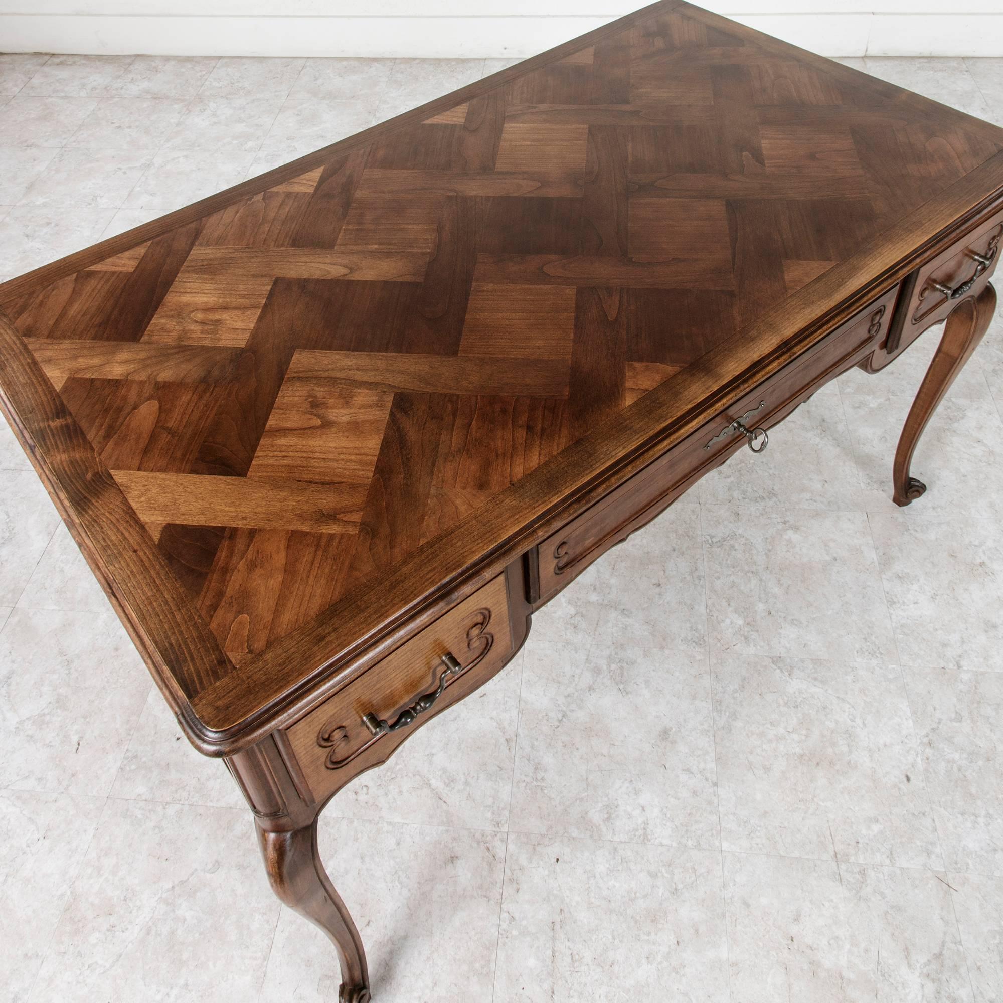 French Mid-20th Century Louis XV Style Walnut Desk with Parquet Top and Three Drawers