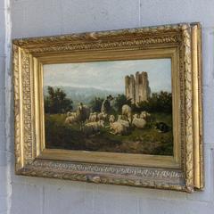 19th Century Belgian Framed Oil on Canvas Signed Realist Shepherd Sheep Painting