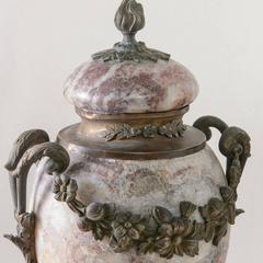 French 19th Century Pair of Marble Urns with Bronze Ormolu Handles and Garland