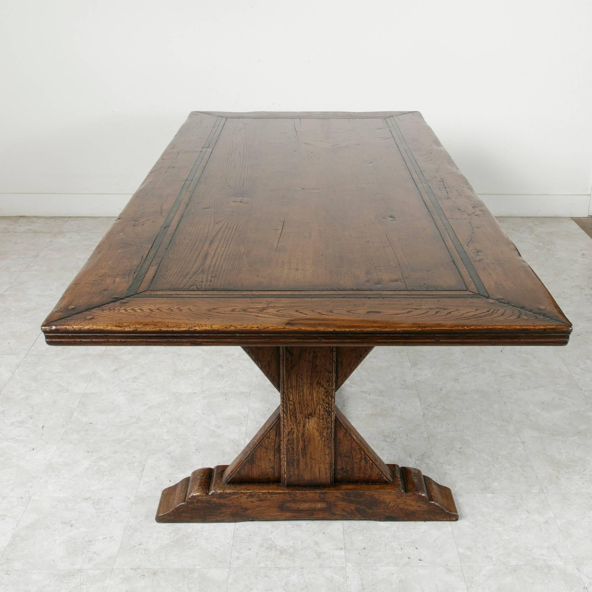 French Farm Table Dining Table with Trestle Made of Oak with Ebonized Inlay 4