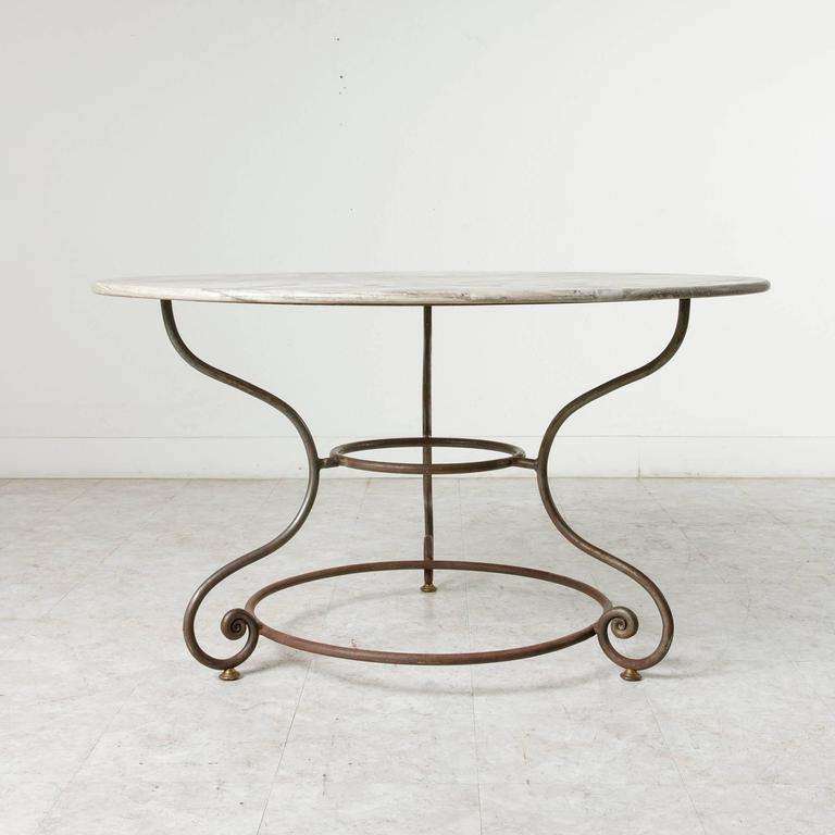 French Large Round Iron Base Garden Table with Exceptional Marble Top