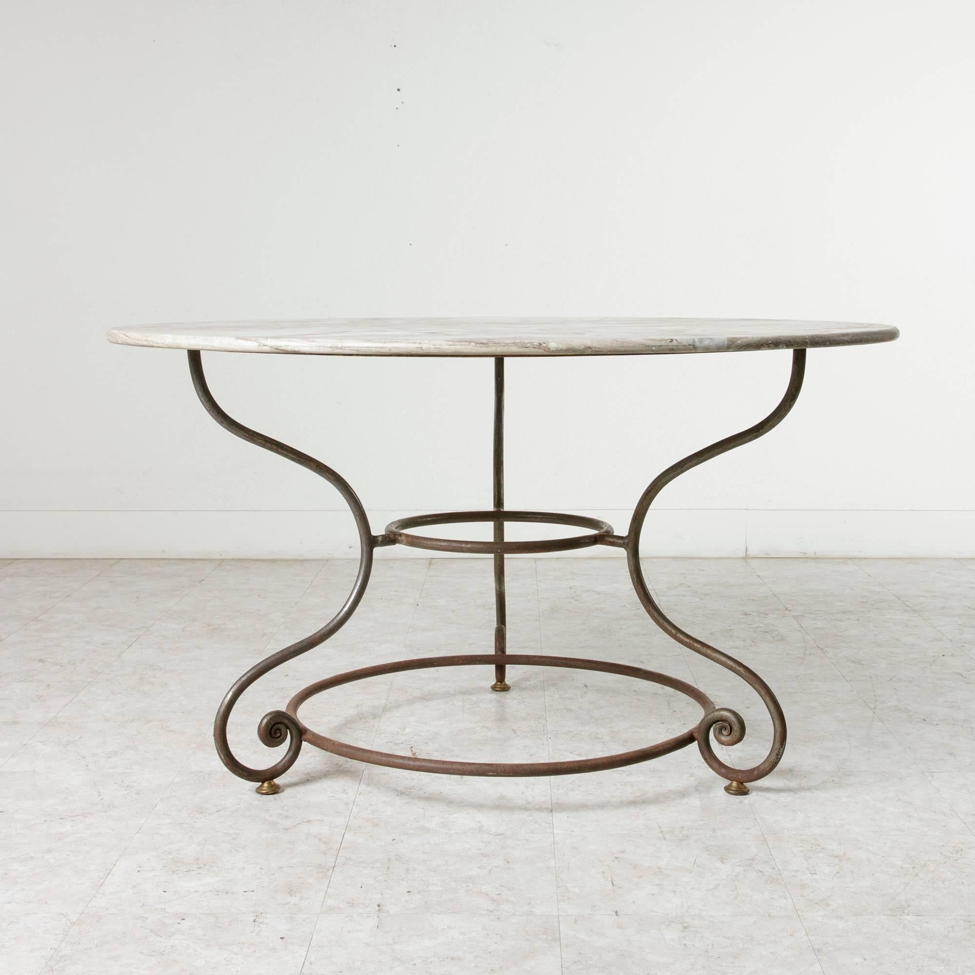 French Large Round Iron Base Garden Table with Exceptional Marble Top In Excellent Condition In Fayetteville, AR